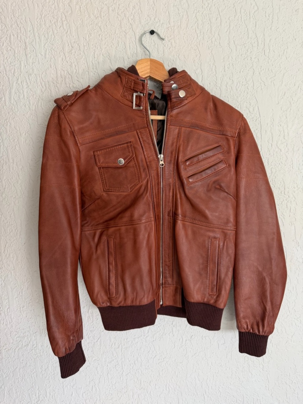 Women’s Brown Lambskin Leather Hooded Bomber Jacket - Picture 10 of 11
